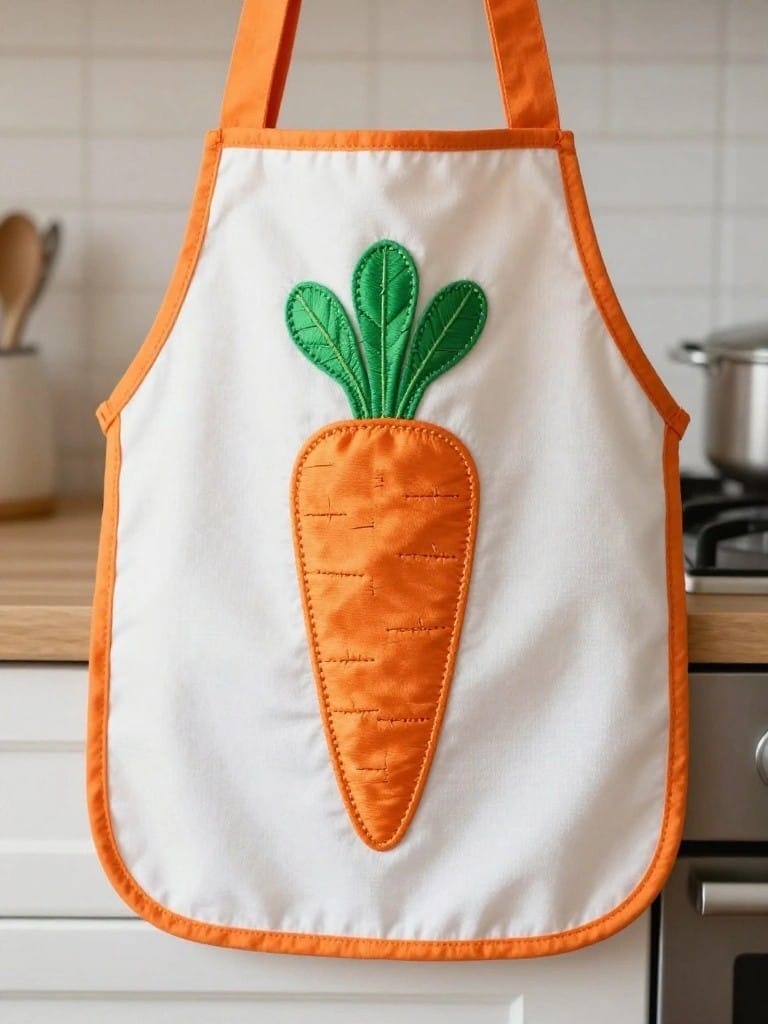 White children's apron with orange carrot and green leaves applique on the front bib, orange straps, hanging in a kitchen.