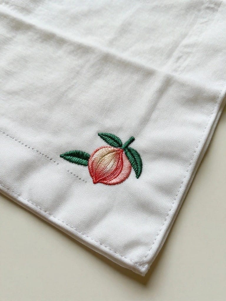 White square napkin with small embroidered pink peach, green leaf, and stem in one corner.