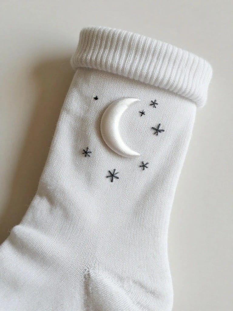 White crew sock cuff with a raised white crescent moon applique and black embroidered stars.