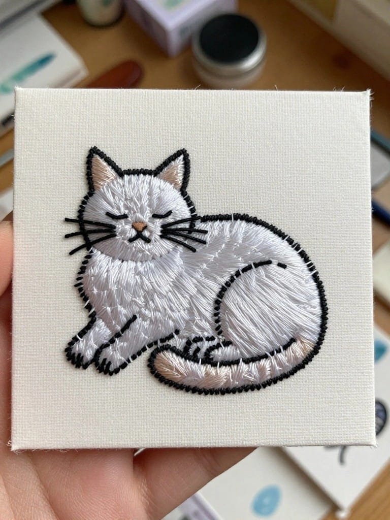 A hand holds a small square white canvas embroidered with a white sleeping cat outlined in black with orange ear and tail accents.