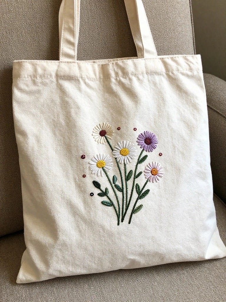White canvas tote bag embroidered with a cluster of multicolored daisies, stems, and leaves centered on the front panel.