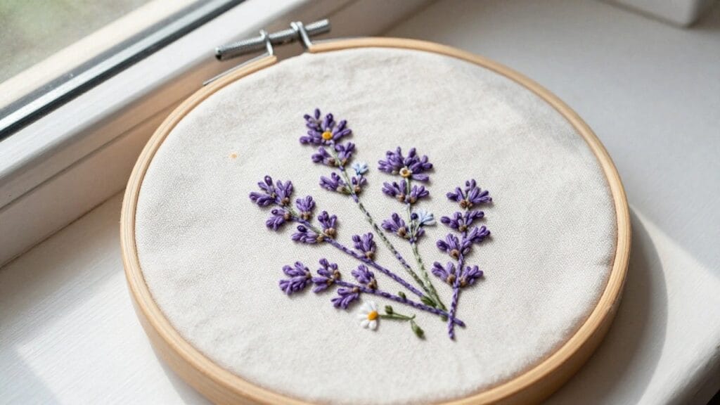 Small embroidery hoop on white fabric with purple lavender stem, flowers, green leaves, and one white daisy.