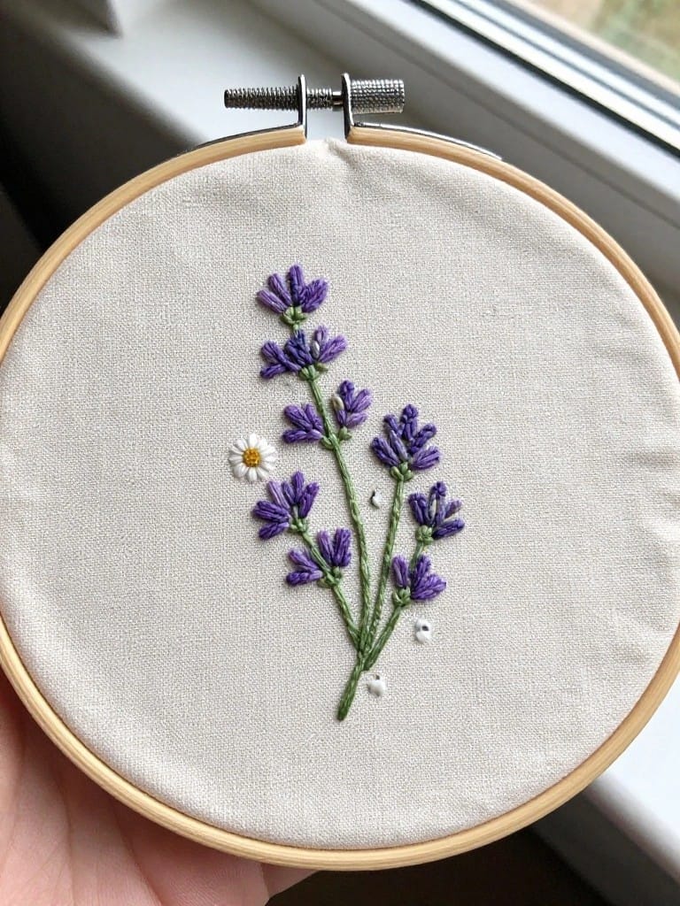 Small embroidery hoop on white fabric with purple lavender stem, flowers, green leaves, and one white daisy.
