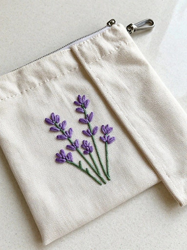 Beige canvas zip pouch with purple and green embroidered lavender sprigs on the front panel.