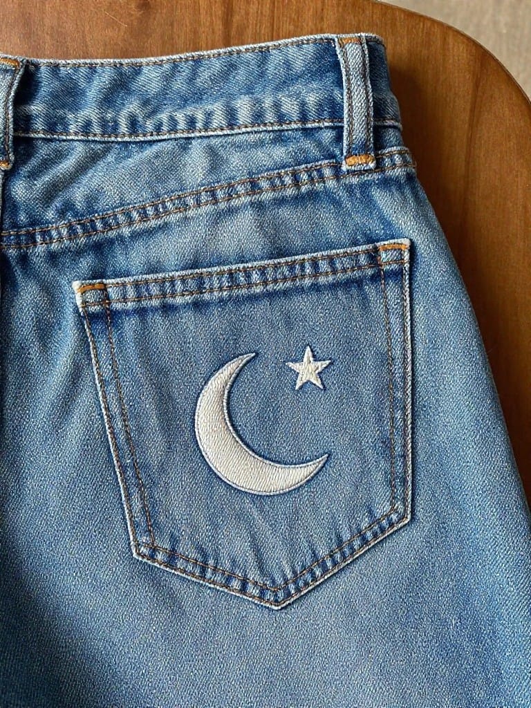 Back pocket of light blue jeans with white embroidered crescent moon and star.