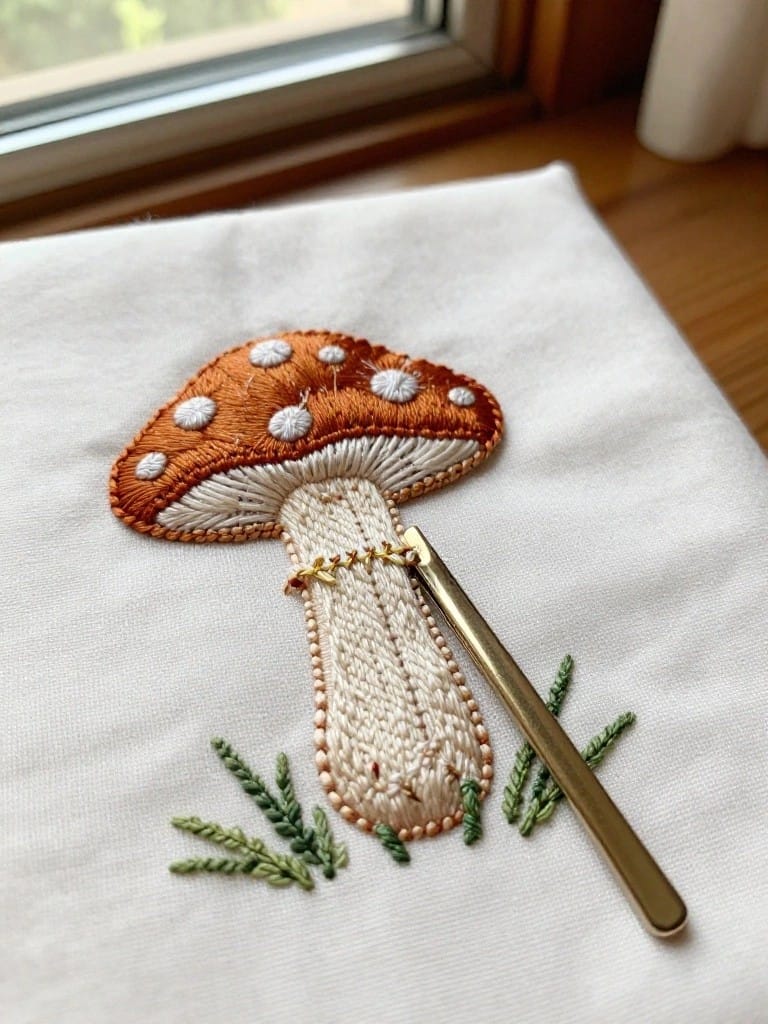 Embroidery of an orange spotted mushroom with white stem and green grass on white fabric, with a gold crochet hook placed against the stem.