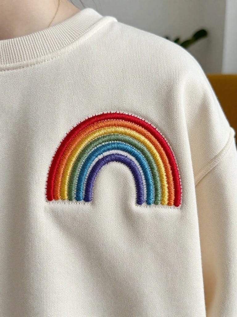 Cream sweatshirt with a multicolored embroidered rainbow arched across the chest area.