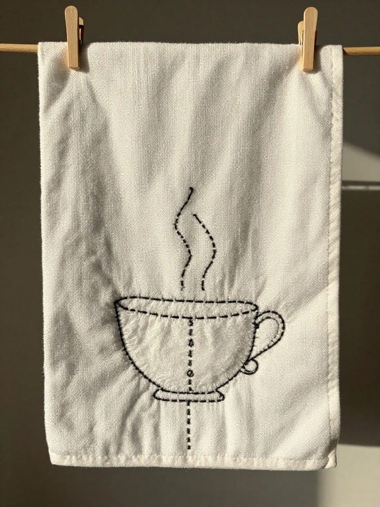 White tea towel with black embroidered outline of a steaming cup, hung on a line with clothespins.