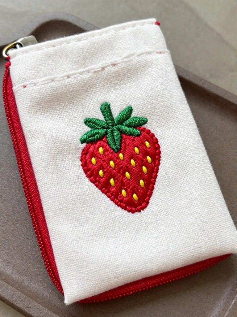 White fabric coin purse with red embroidered strawberry, green leaves, and red zipper on a gray tray.