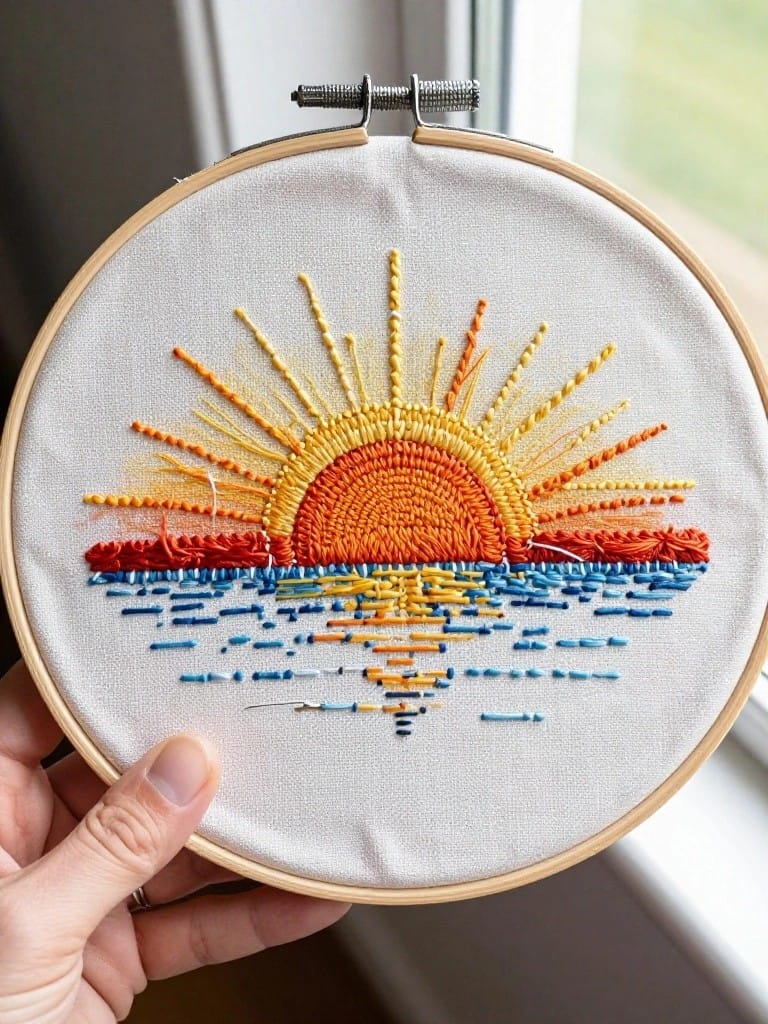 Embroidery hoop with a yellow-orange sun and rays above blue wavy water lines on white fabric.