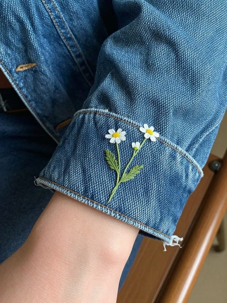 Two small embroidered white daisies with green stems on the cuff of a blue denim jacket sleeve.