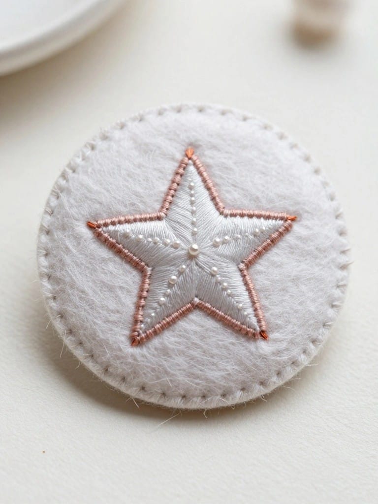 Round white felt disk embroidered with white star outlined in orange thread and small white beads in the center, shown as a brooch.