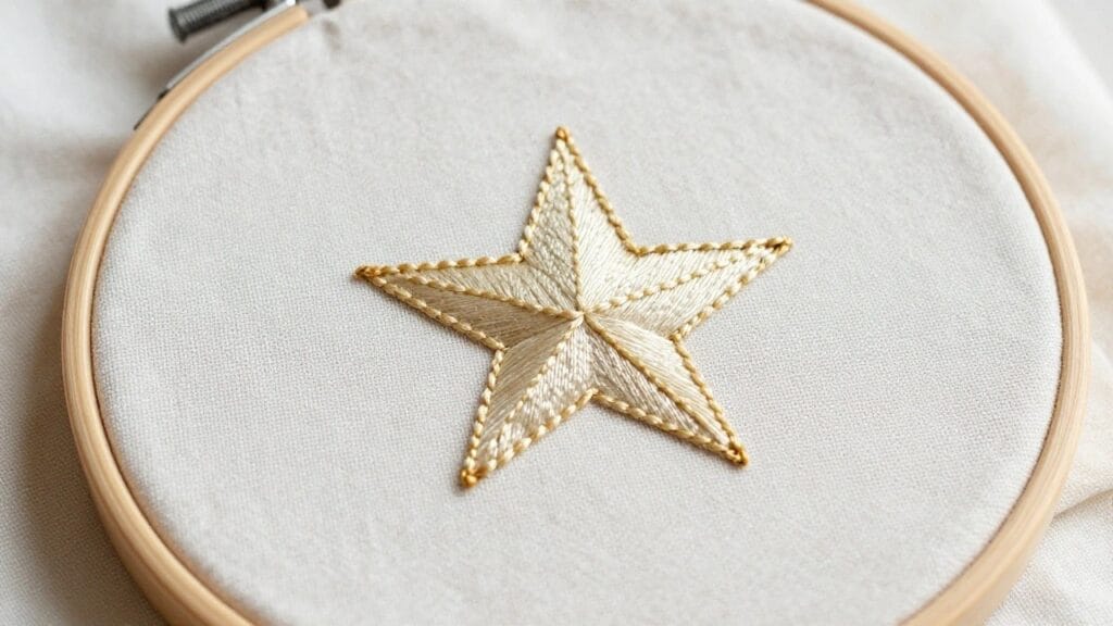 Small embroidery hoop on white fabric with a large centered golden star stitched in textured thread.
