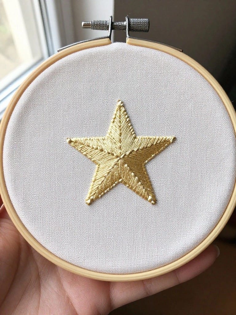 Small embroidery hoop on white fabric with a large centered golden star stitched in textured thread.