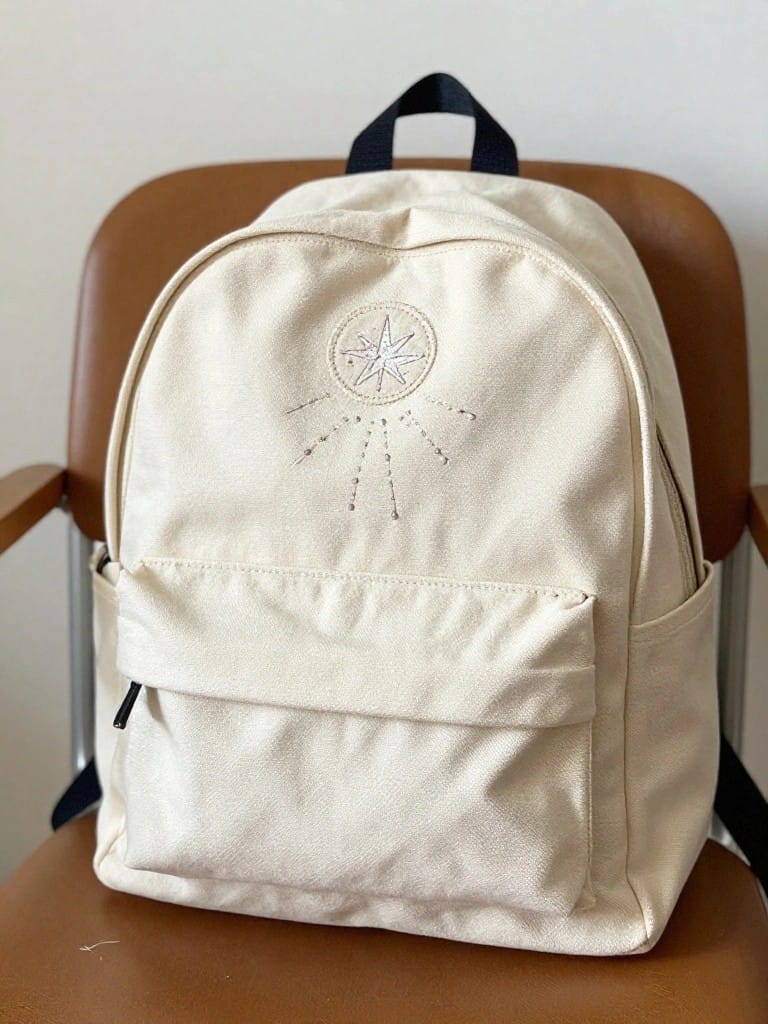 Beige canvas backpack with white embroidered central star and radiating lines on the front pocket, draped over a wooden chair.
