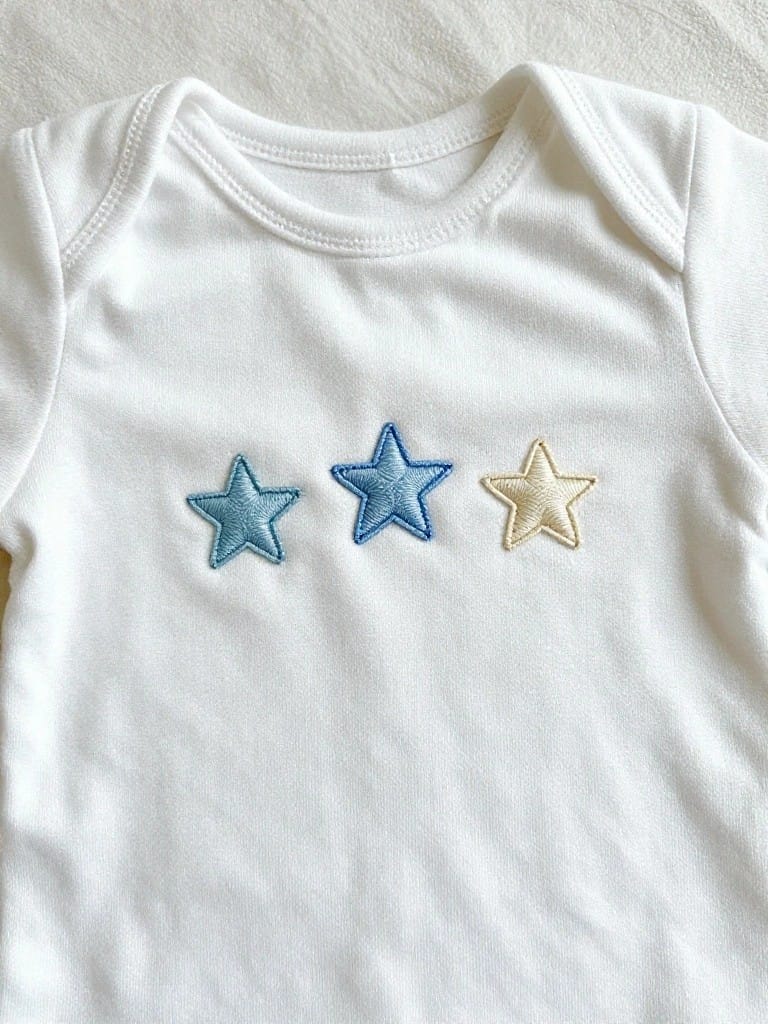 White baby onesie with three embroidered stars in a row on the chest, two blue and one gold.