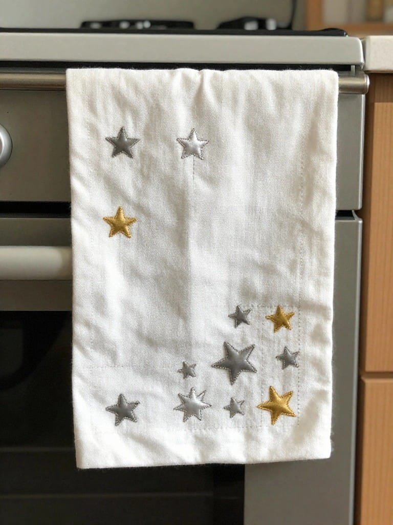 White tea towel draped over an oven handle with scattered silver and gold embroidered stars on the fabric.