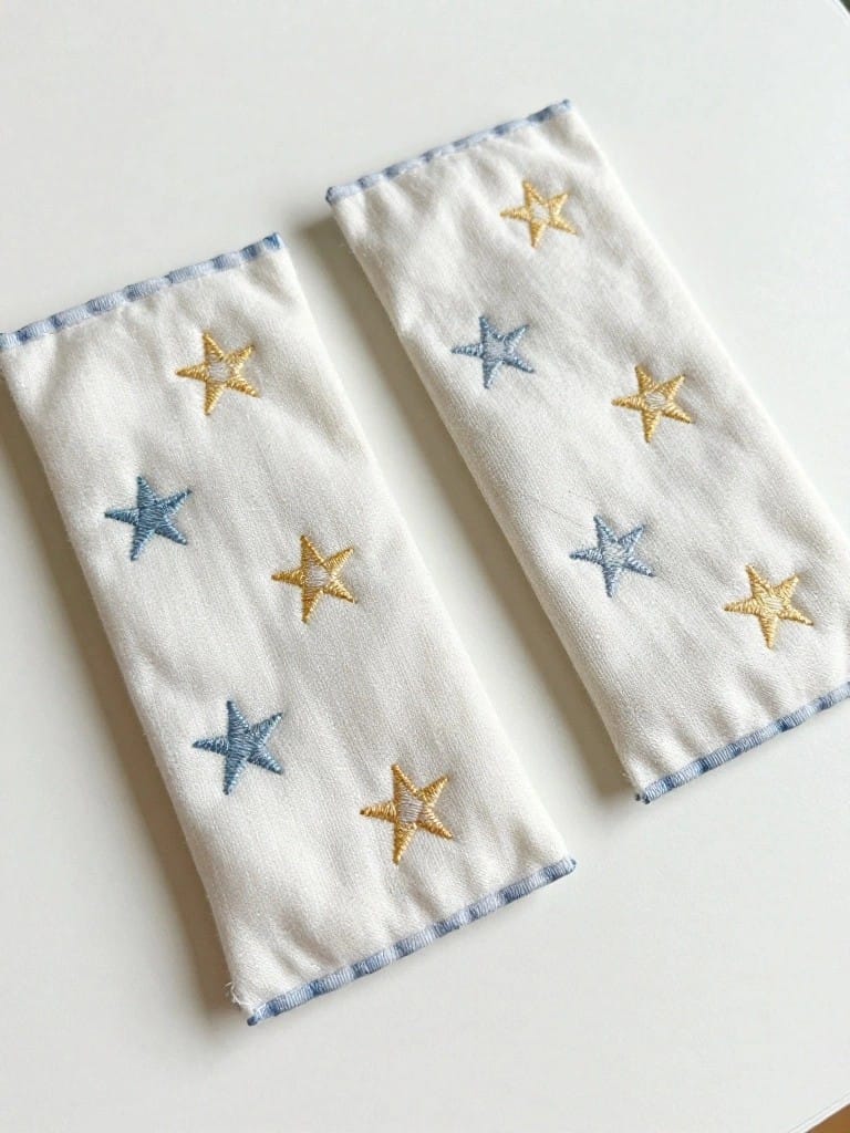 Two white rectangular fabric pieces with blue edging and scattered small blue and yellow embroidered stars.