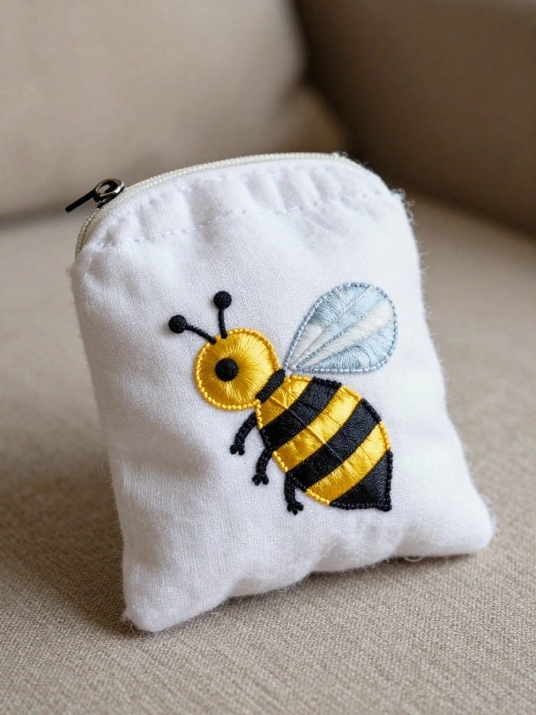 Small white zippered fabric pouch with yellow and black embroidered bee on the front.