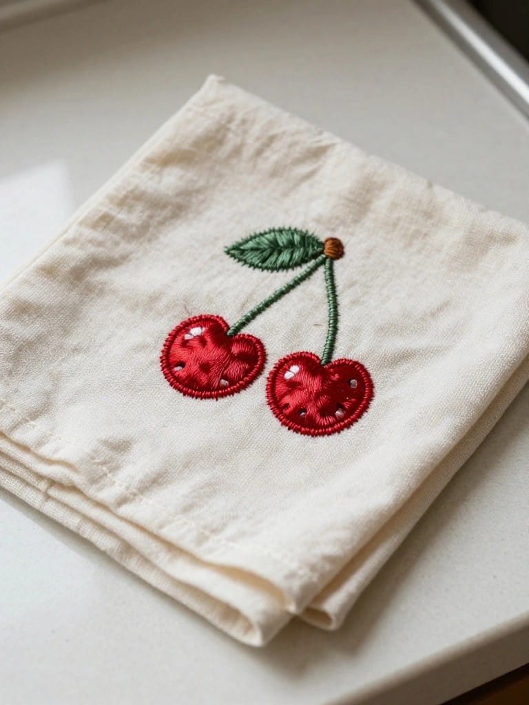White linen tea towel folded on a kitchen counter with two red embroidered cherries and green leaves in one corner.