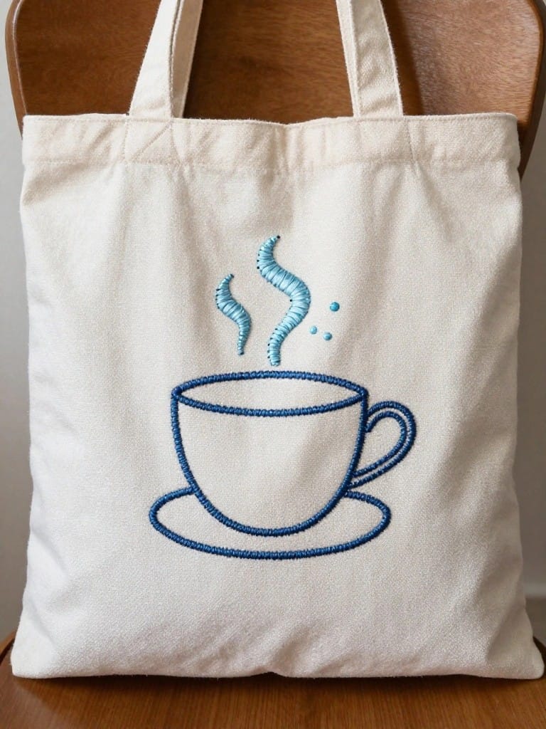 White canvas tote bag with blue embroidered outline of a coffee cup, saucer, and rising steam on the front.
