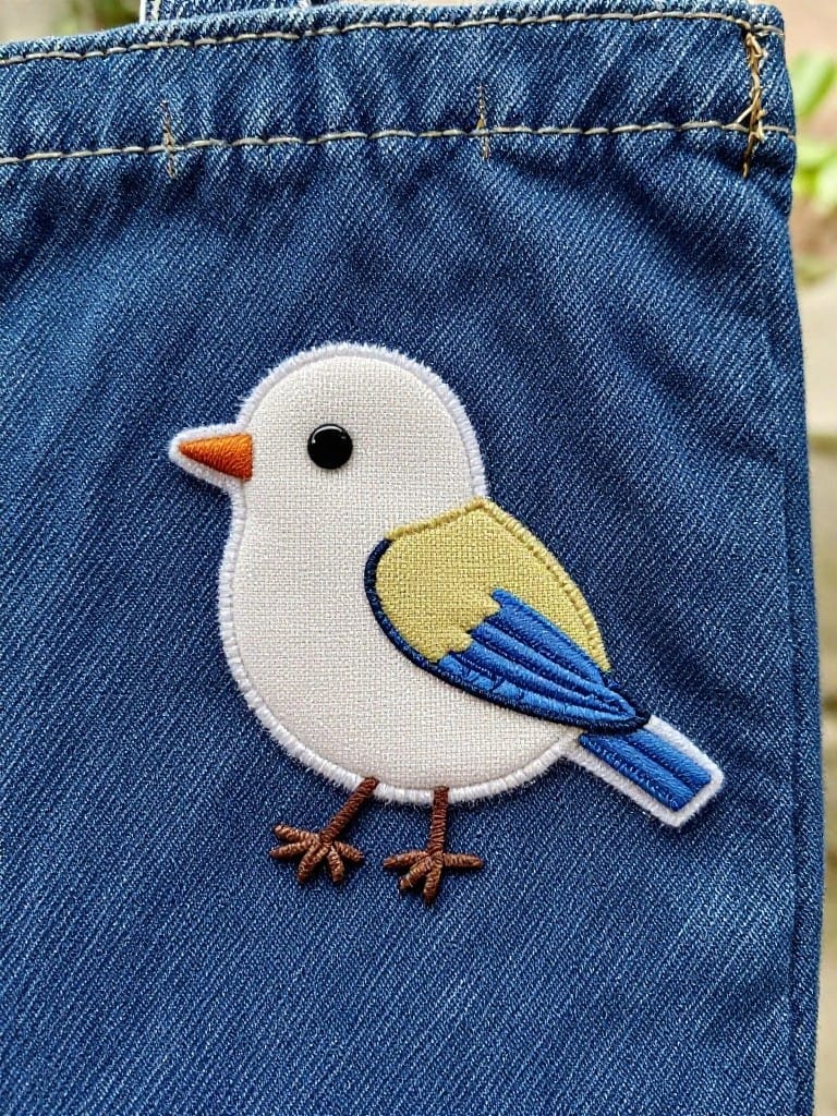 Embroidered white bird with yellow breast, blue wing, orange beak, black eye, and brown legs on blue denim flap.
