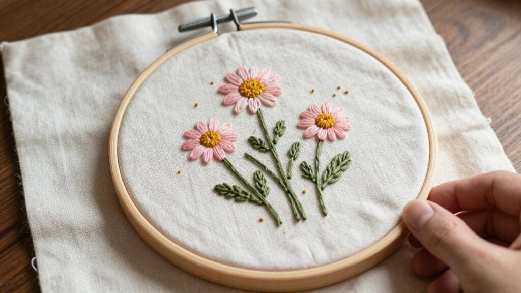 Hand holding a wooden embroidery hoop with pink, yellow, and orange daisies, green stems, and leaves stitched on white fabric.