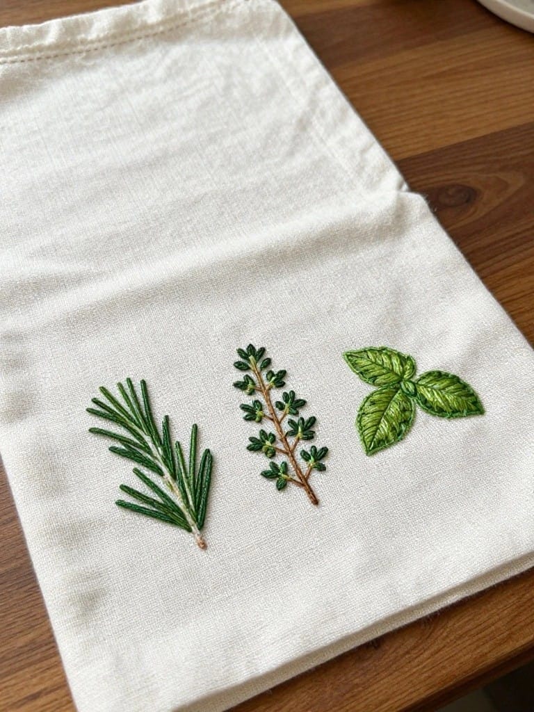White drawstring bag with three green embroidered herb sprigs in a row on the front panel.