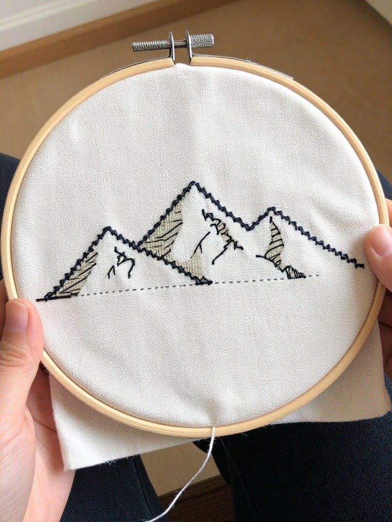 Embroidery hoop holding white fabric with three black-outlined mountains shaded in beige.
