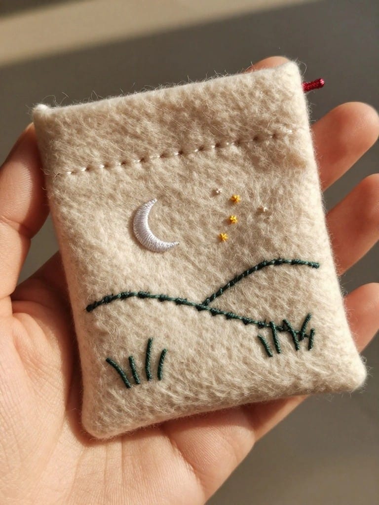 A hand holds a small beige felt pouch embroidered with a white crescent moon, yellow stars, green hills, and grass stitches.