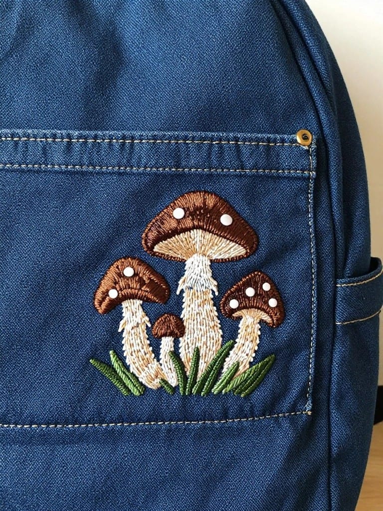 Blue denim backpack with three embroidered mushrooms and green grass on the front pocket.