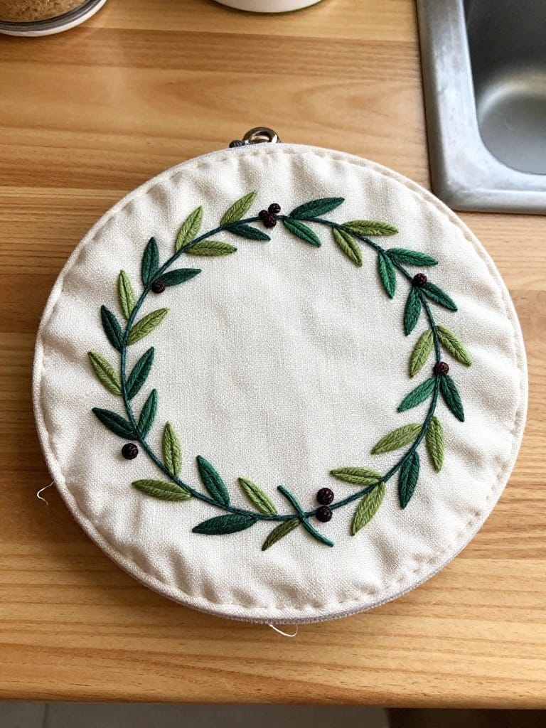 White round zipper pouch with green embroidered olive leaves and berries forming a wreath around the edge on a wooden table near a sink.