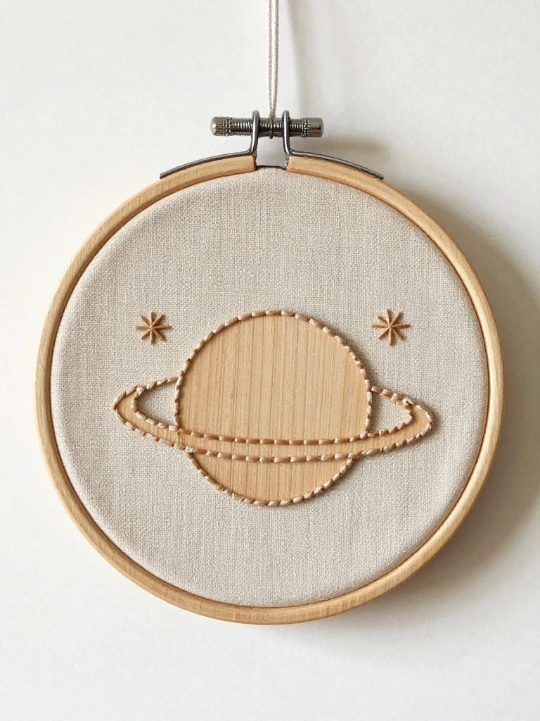 Embroidery hoop on beige fabric with wooden Saturn planet, rings, and star accents, hanging by a metal clip.