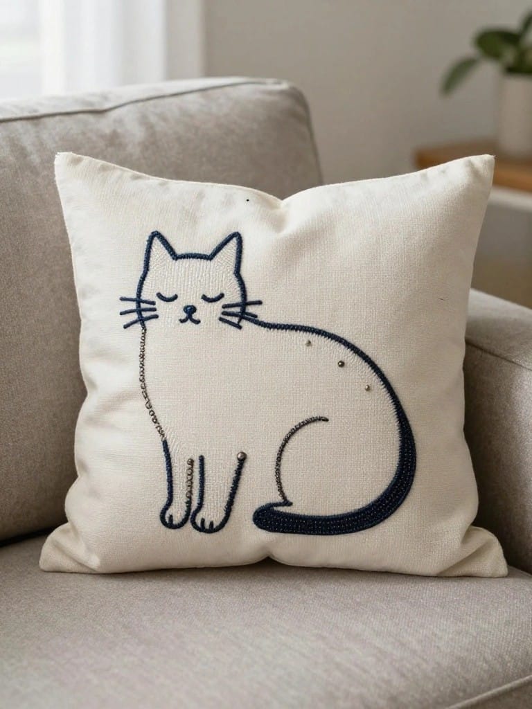 Cream fabric pillow with navy blue embroidered outline of a sleeping cat sitting with eyes closed and tail curled.