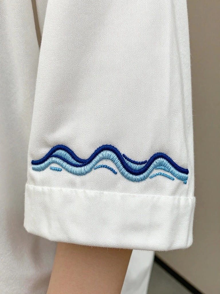 White shirt sleeve cuff with blue embroidered wavy lines stacked along the hem edge.