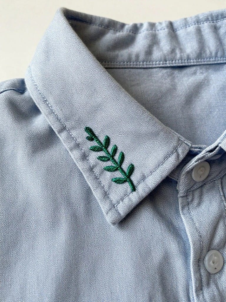 Close-up of a light blue chambray shirt collar with a small green embroidered sprig stitched along one edge.