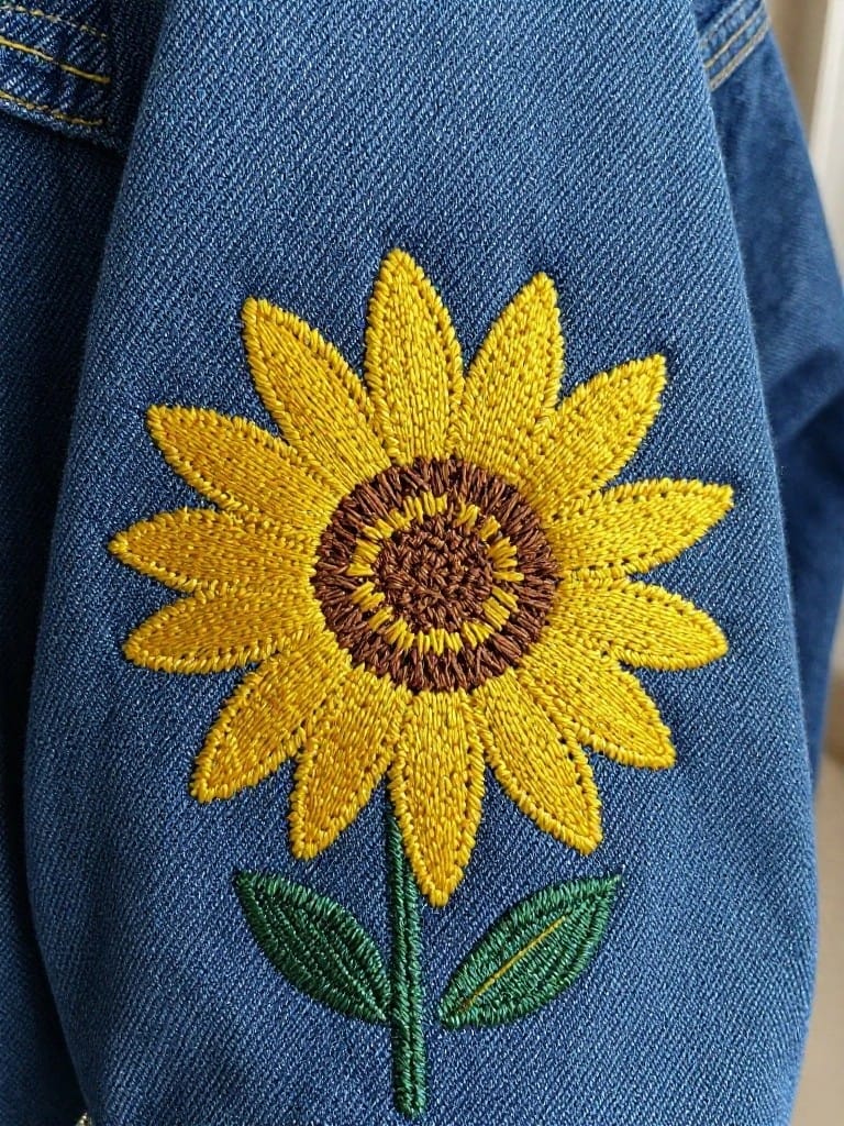 Close-up of yellow sunflower embroidery with brown center, green stem, and leaves on the sleeve of a blue denim jacket.