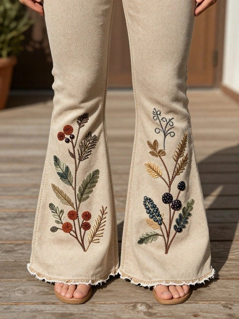 Beige flared jeans embroidered with leaves, berries, and ferns on both lower legs.