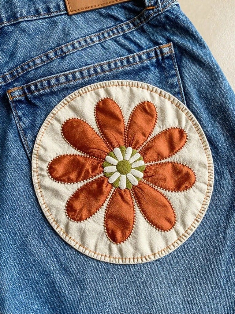 Embroidered circular patch of orange daisy with green center on back pocket of blue jeans.
