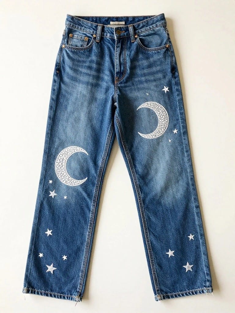 Blue straight-leg jeans with white embroidered crescent moons containing stars on the front of each leg.