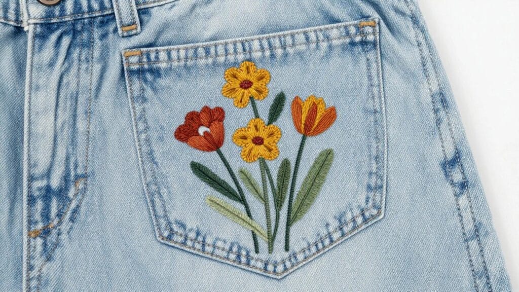 Blue denim jeans pocket with embroidered yellow daisies, orange flowers, and green stems on the flap.