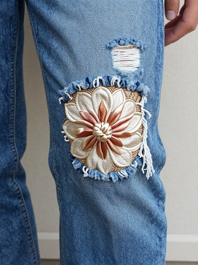 Blue ripped jeans knee with cream, tan, and gold ribbon flower embroidery over the hole and frayed edges.