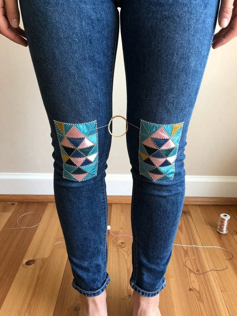 Blue jeans with colorful geometric triangle embroidery patches on both knees connected horizontally by a metal ring.