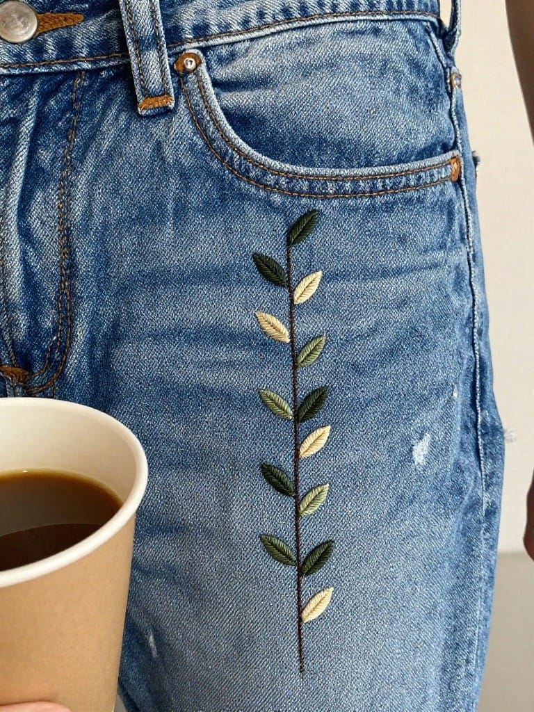 Blue jeans with green embroidered stem and leaves running vertically along the outer leg seam near a paper coffee cup.