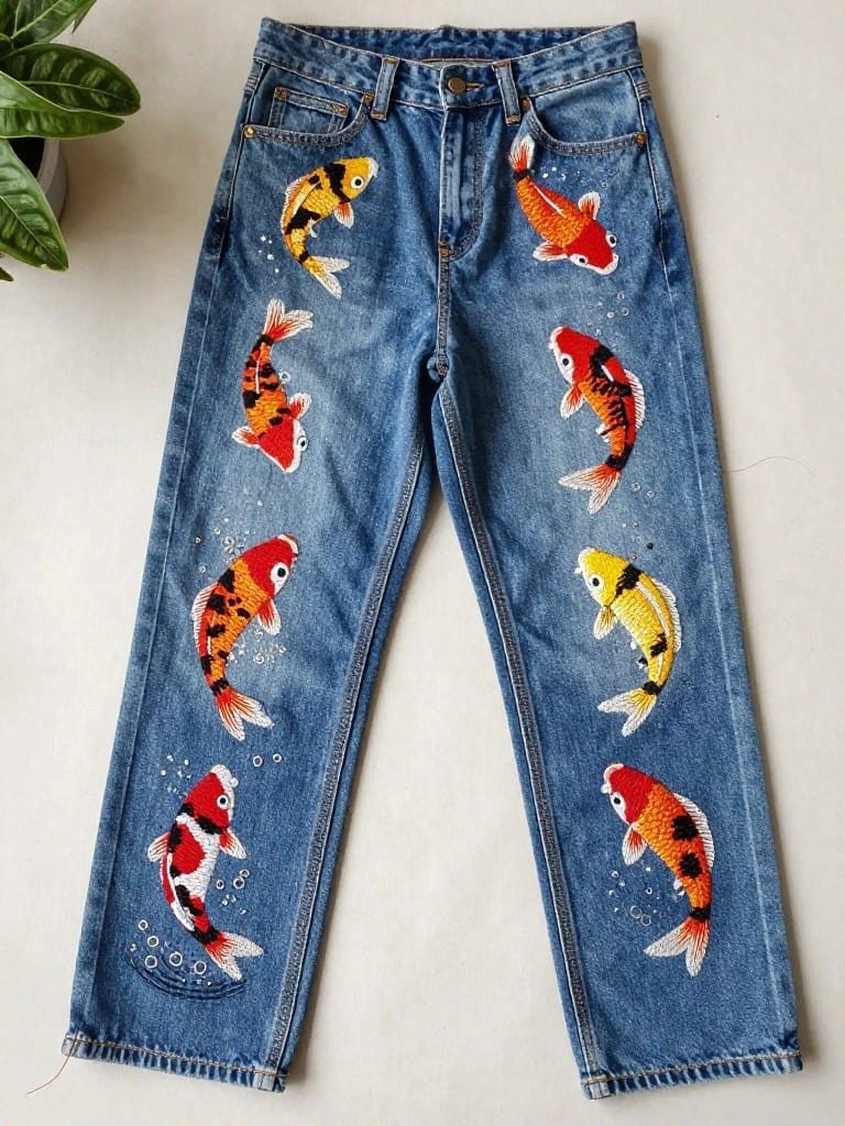 Slim blue jeans with multiple embroidered koi fish in orange, yellow, and white swimming down both legs amid bubble details.