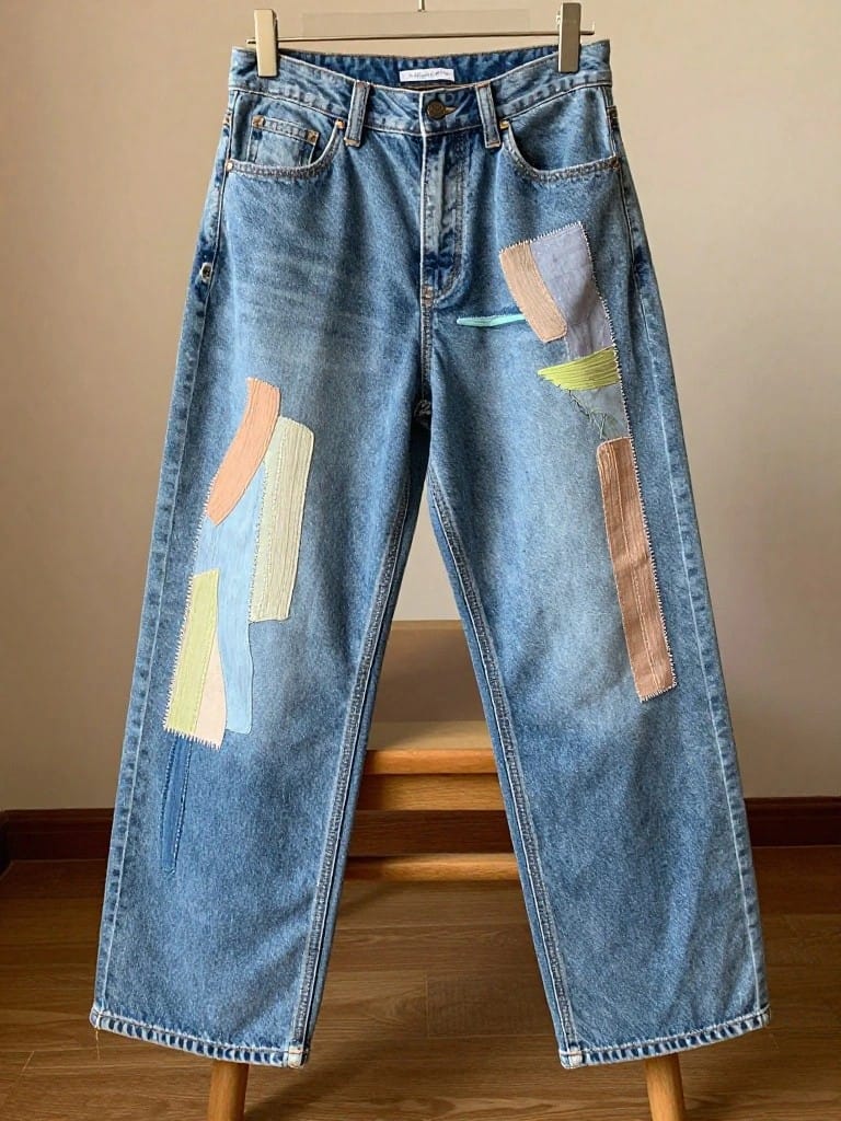 Blue straight-leg jeans with colorful geometric fabric patches appliquéd down the outer legs.
