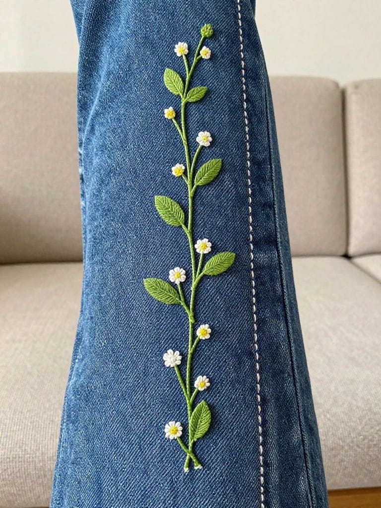 Blue jeans leg embroidered with a vertical green stem, leaves, and small white daisies along the outer seam against a beige couch.
