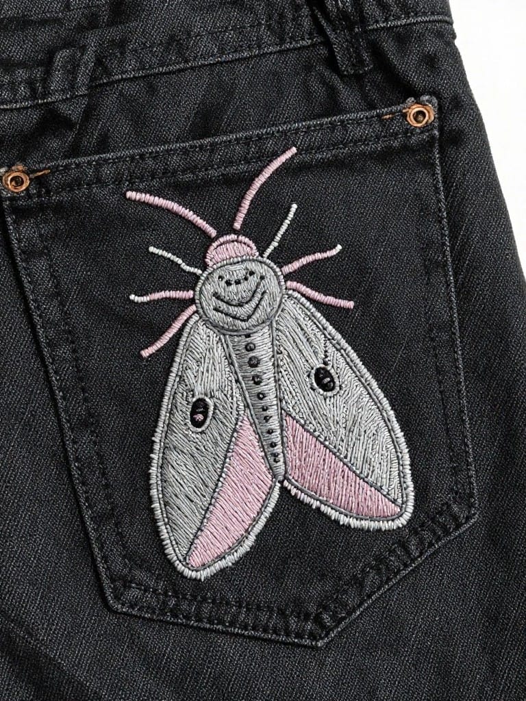 Close-up of a smiling moth embroidered in pink and gray threads on the back pocket of black jeans.