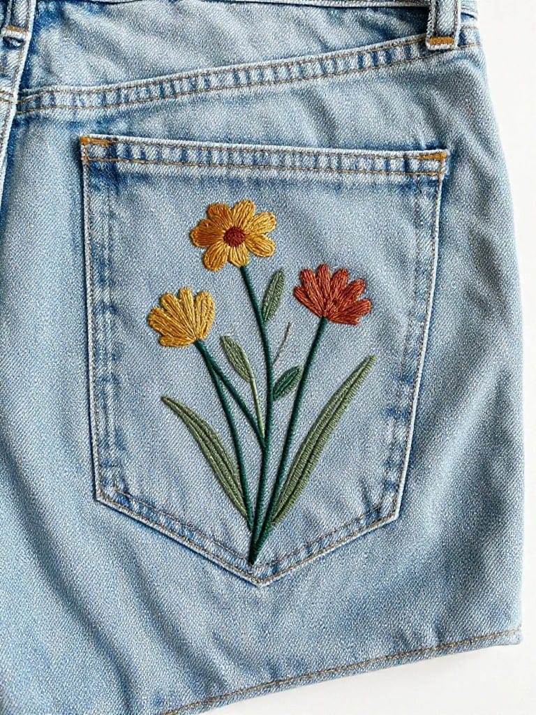 Blue denim jeans pocket with embroidered yellow daisies, orange flowers, and green stems on the flap.