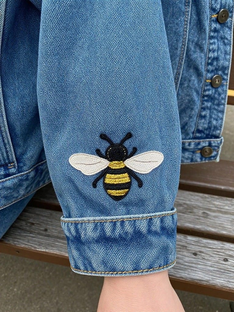 Embroidered yellow and black bee with white wings on the sleeve of a blue denim jacket.